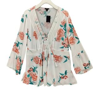 Torrid Women Boho Cottagecore Lace Up Floral Blouse 1X Peach Bell Sleeve NEW